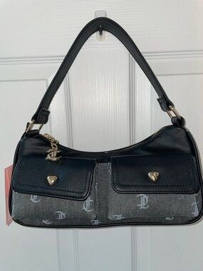 Juicy Couture Black and Gray Denim Fabric Logo Heart-Accent Shoulder Bag